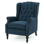 GDF Studio Elizabeth Contemporary Tufted Wingback Pushback Recliner, Navy Blue and Dark Brown, Fabric